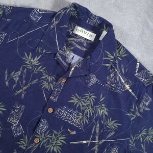 Orvis‎ Shirt Mens Medium Blue Silk Short Sleeve Bamboo Fishing All Over Print